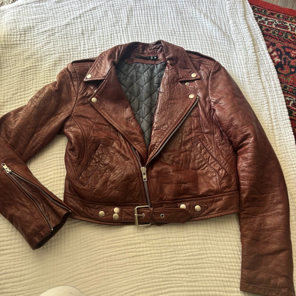 BLK DNM burgundy brown red leather moto jacket size medium